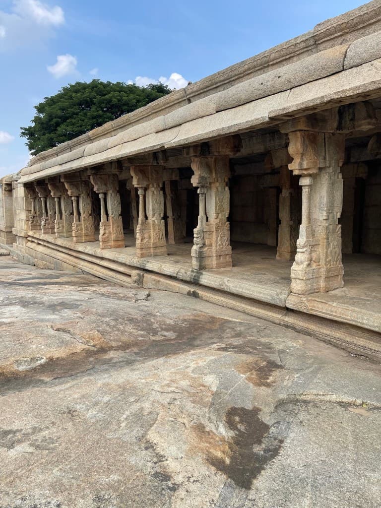 The wonderfully sculpted temple pillars of Lepakshi temple. Perfect measurements and gaps between each pillars amaze visitors.